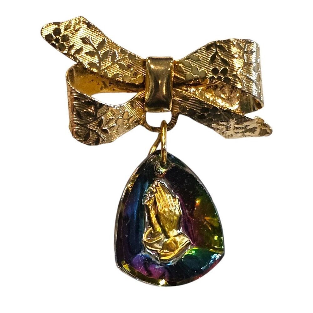 Religious Celestial Church Praying Hands Pin Brooch Gold Bow Aurora‎ Borealis